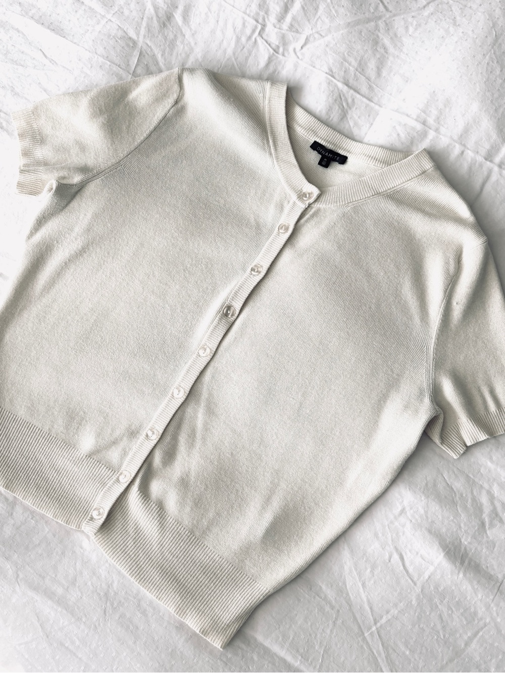 Dynamite Becca Short-Sleeve Button Cardigan Sweater in Ivory White